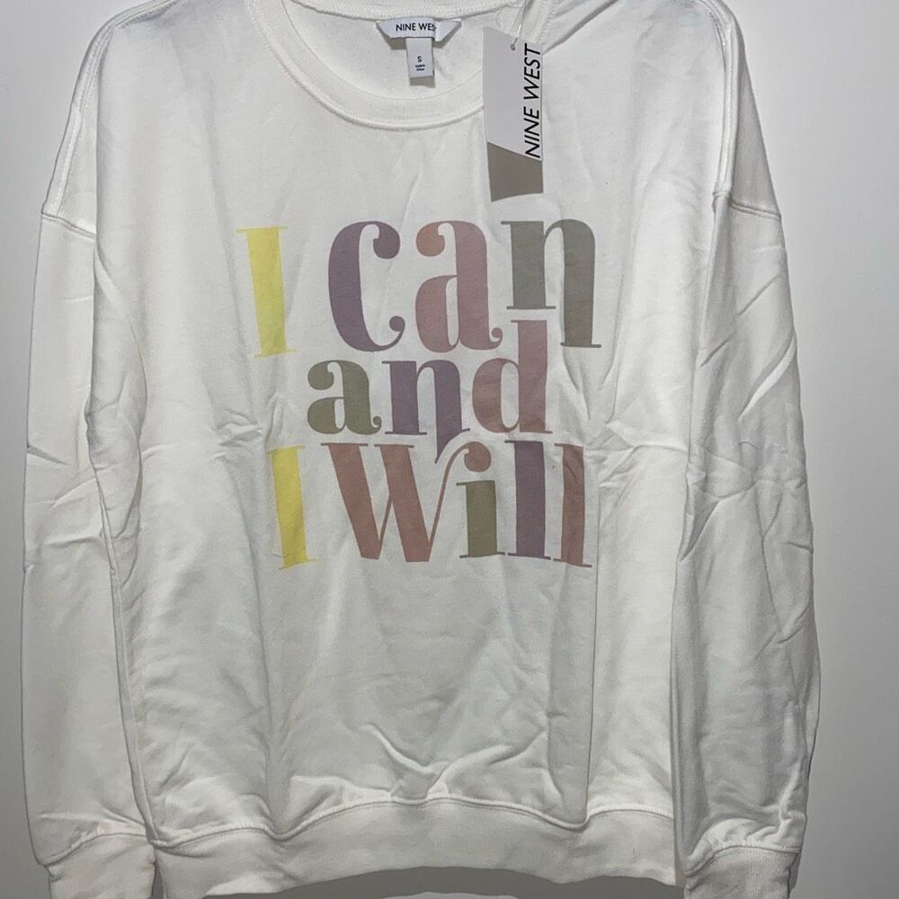 Nine West‎ Sweatshirt Women's Small White Fleece I Can And I Will Pullover NWT